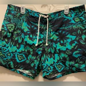 Vintage J. Crew Hawaiian Blue and Green Swim Trunks~Size 38